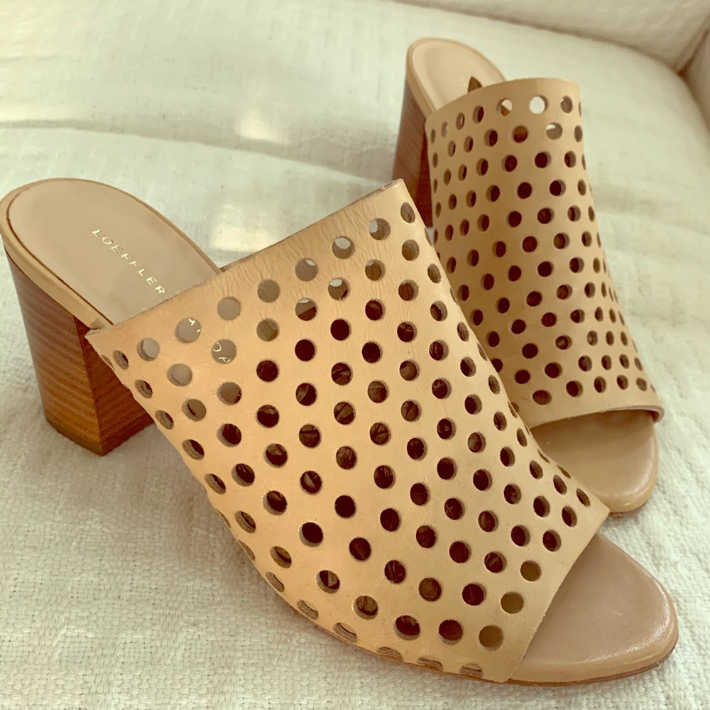 Loeffler Randall Beige Perforated Leather Block Heel Mules